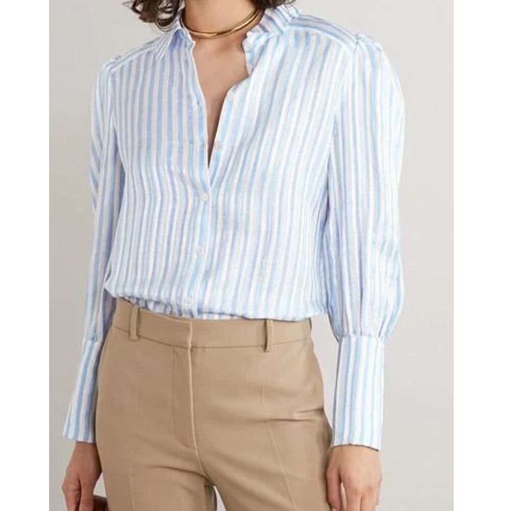 Veronica Beard Ally Stripe Blouse Womens 0 Linen Silk Blend Puff Shoulder Button